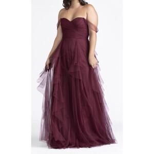WTOO Watters Bridesmaid Dress Burgundy Sz 10 XL Tule Tiered Bobbinet Chiffon New